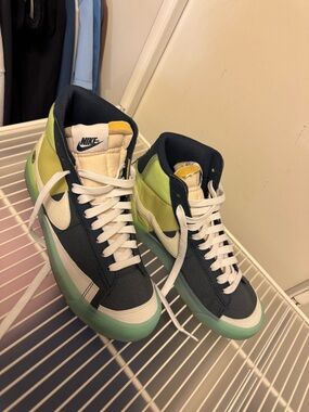 Nike Blazer High-Top Sneakers in Navy, White & Lime Green